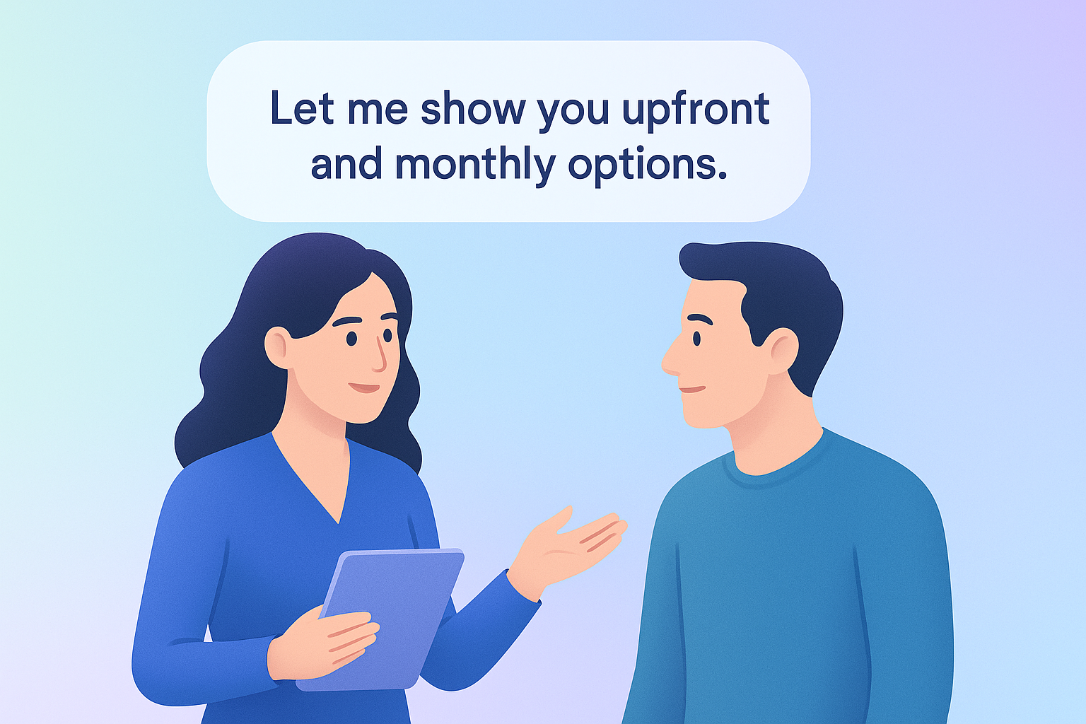 Dental treatment coordinator presenting monthly payment options to a patient