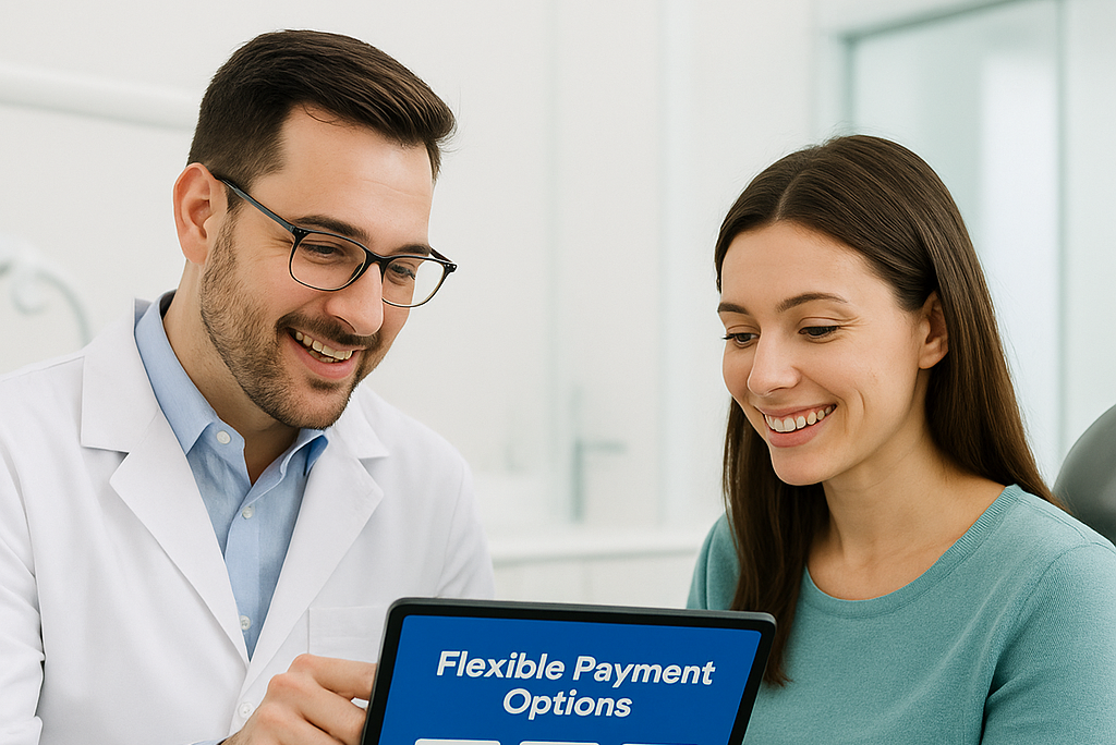 Dentist and patient looking at flexible payment options on a tablet in a modern clinic.